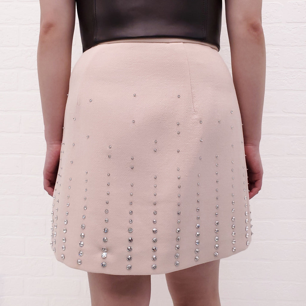 MIU MIU PINK A-LINE WOOL MINI SKIRT WITH CRYSTAL STUDS - SIZE 42