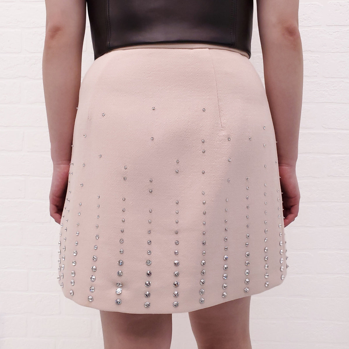 MIU MIU PINK A-LINE WOOL MINI SKIRT WITH CRYSTAL STUDS - SIZE 42