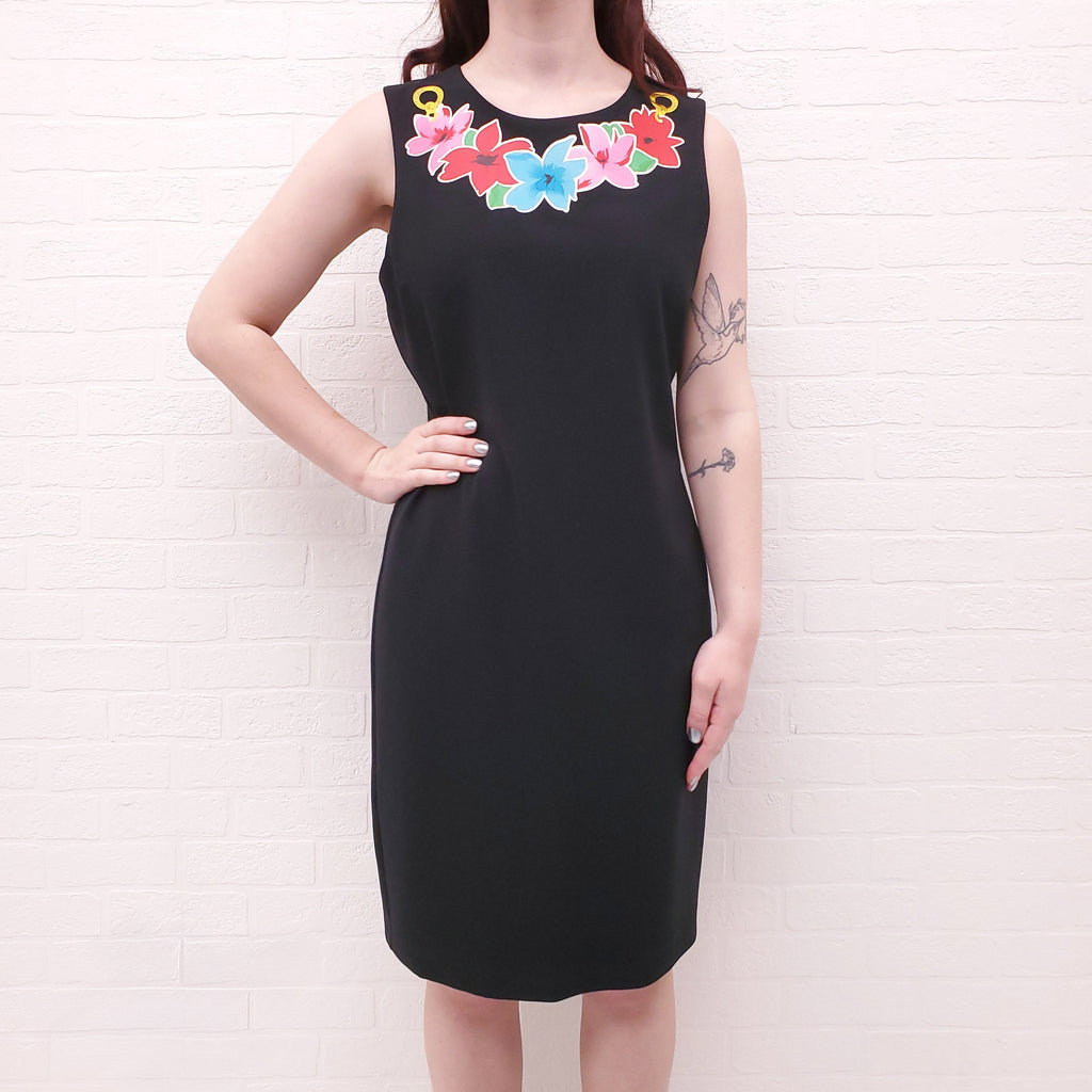 MOSCHINO BOUTIQUE BLACK DRESS WITH FLORAL DETAIL - SIZE 10