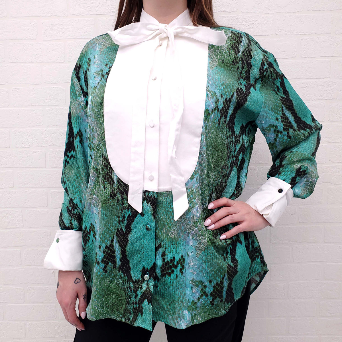 MSGM SNAKEPRINT BLOUSE WITH WHITE TUXEDO FRONT PLACKET AND COLLAR - SIZE 40