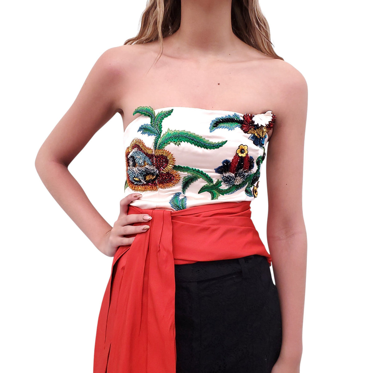 OSCAR DE LA RENTA DRAPED EMBELLISHED BUSTIER TOP WITH RED TIE DETAIL - SIZE 2