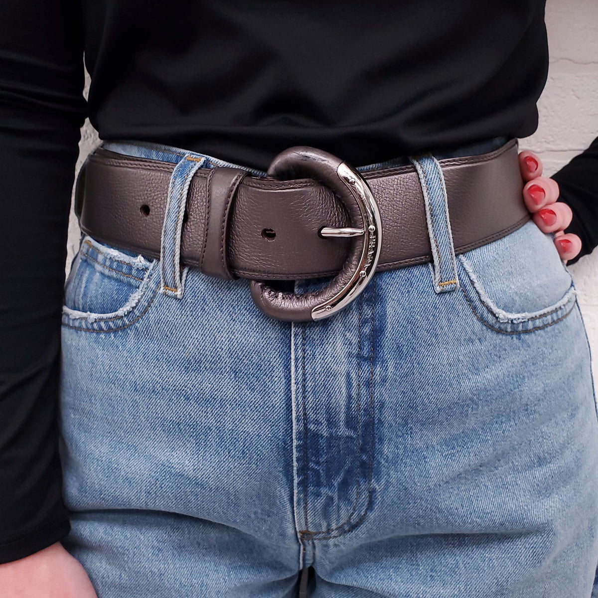 PRADA SILVER LEATHER BELT- SIZE 85