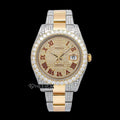 Rolex Datejust Diamond Paved Dial Red Roman Numerals Diamond Bezel Two Tone Yellow Gold Semi Iced Moissanite Diamond Oyster Bracelet