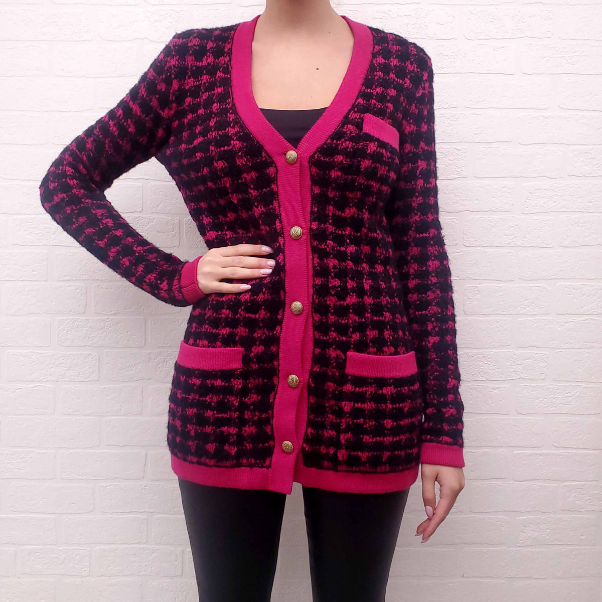 SAINT LAURENT PINK AND BLACK TWEED SWEATER JACKET - SIZE XS