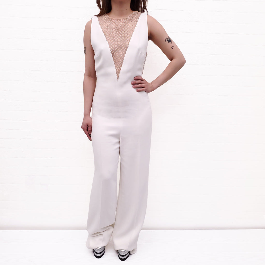 STELLA MCCARTNEY WHITE CRYSTAL MESH DEEP V JUMPSUIT - SIZE  38