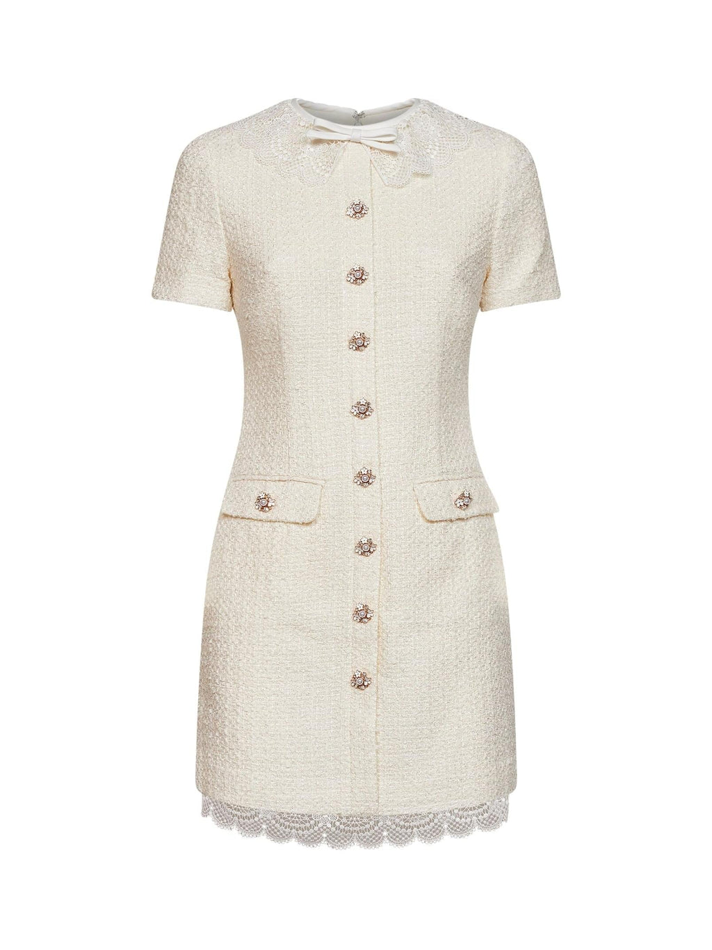 Self Portrait Women Cream Bouclé Tailored Minidress With Lace Inserts