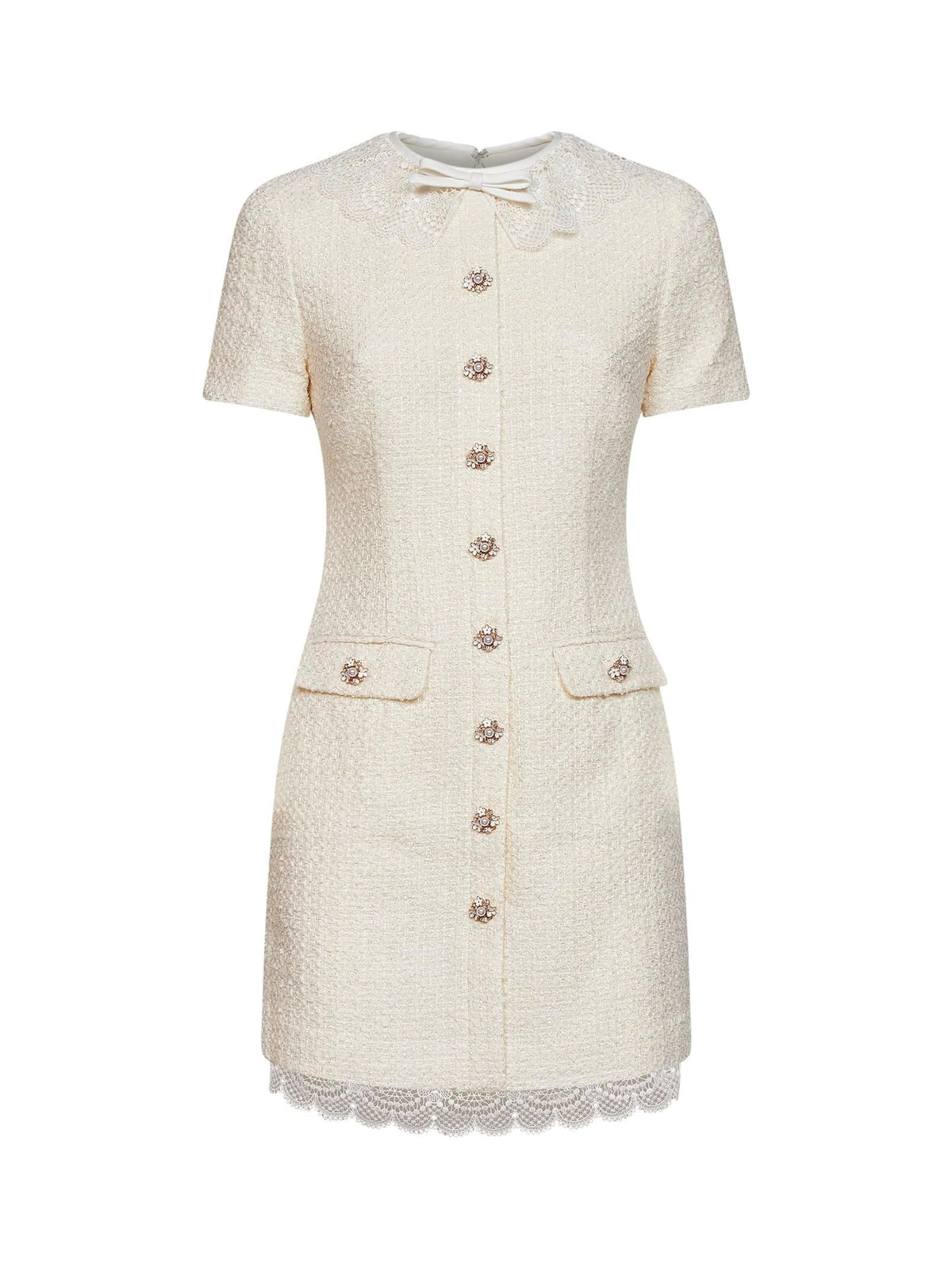 Self Portrait Women Cream Bouclé Tailored Minidress With Lace Inserts