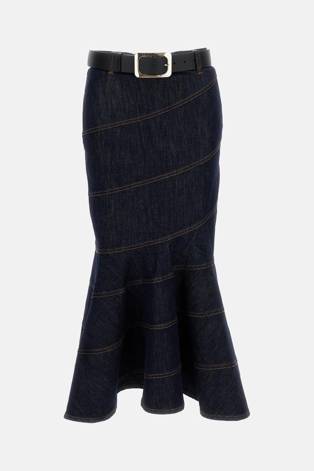 Self-Portrait Women Indigo Denim Belted Midi Skirt