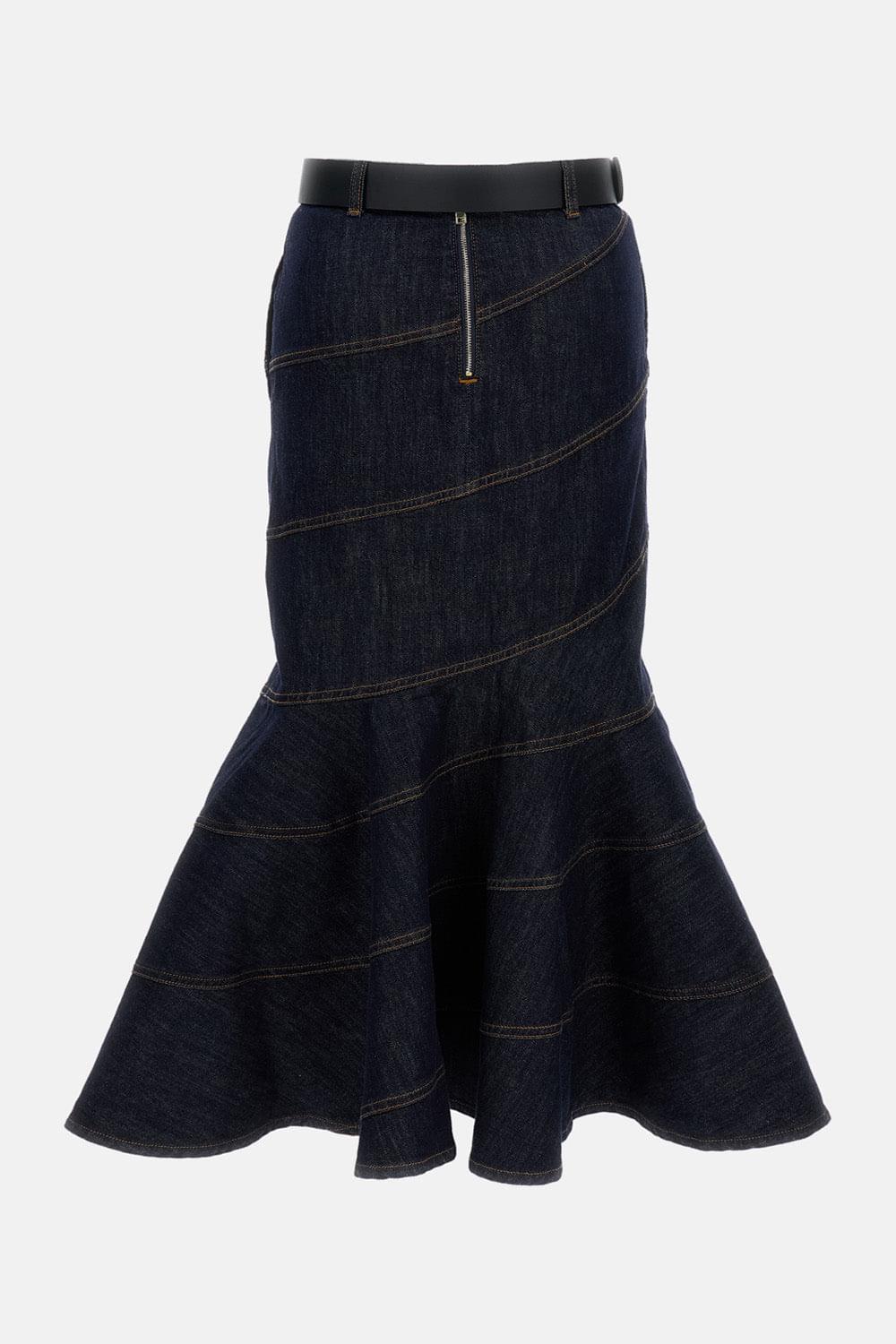 Self-Portrait Women Indigo Denim Belted Midi Skirt