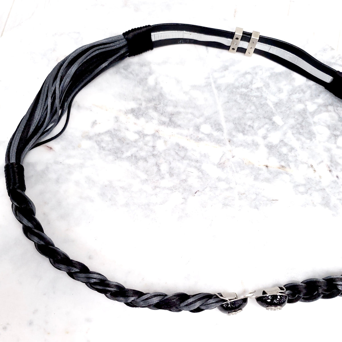 CHANEL BLACK AND GREY WOVEN BELT WITH LOGO CLASP - SIZE 100