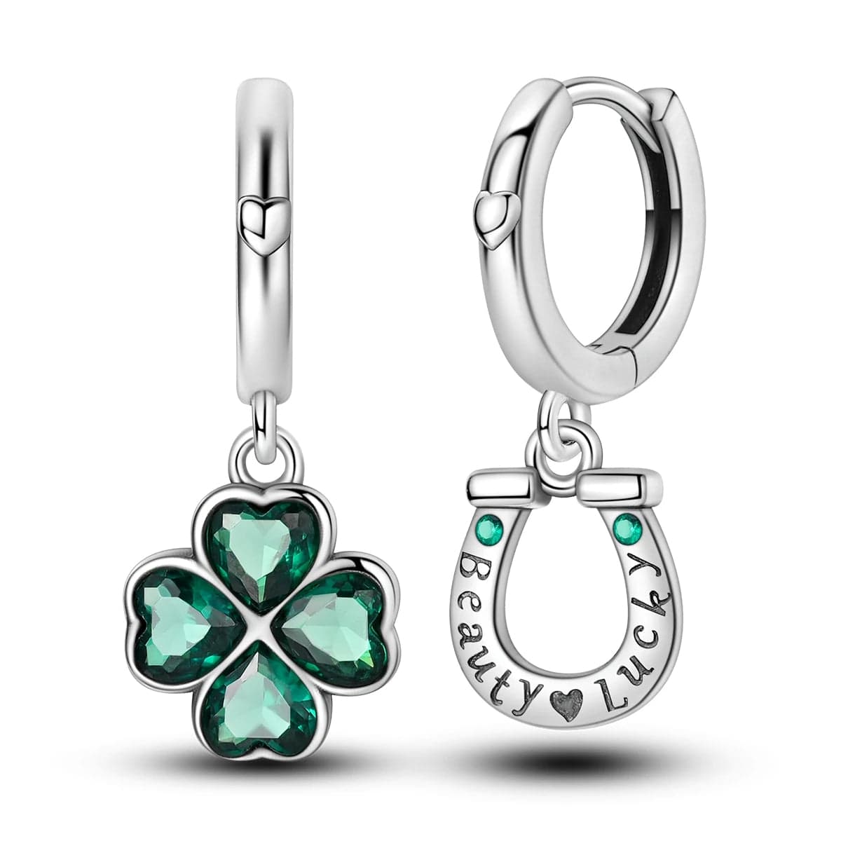 Lucky Clover & Horseshoe Hoop Earrings with Green Crystals