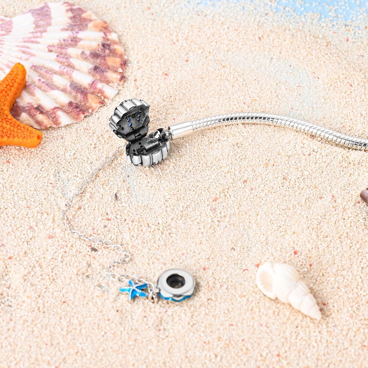 Ocean-Themed Bracelet with Blue Crystal Seashell and Starfish Charms