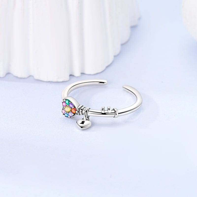 Rainbow Heart & Lock Sterling Silver Adjustable Ring