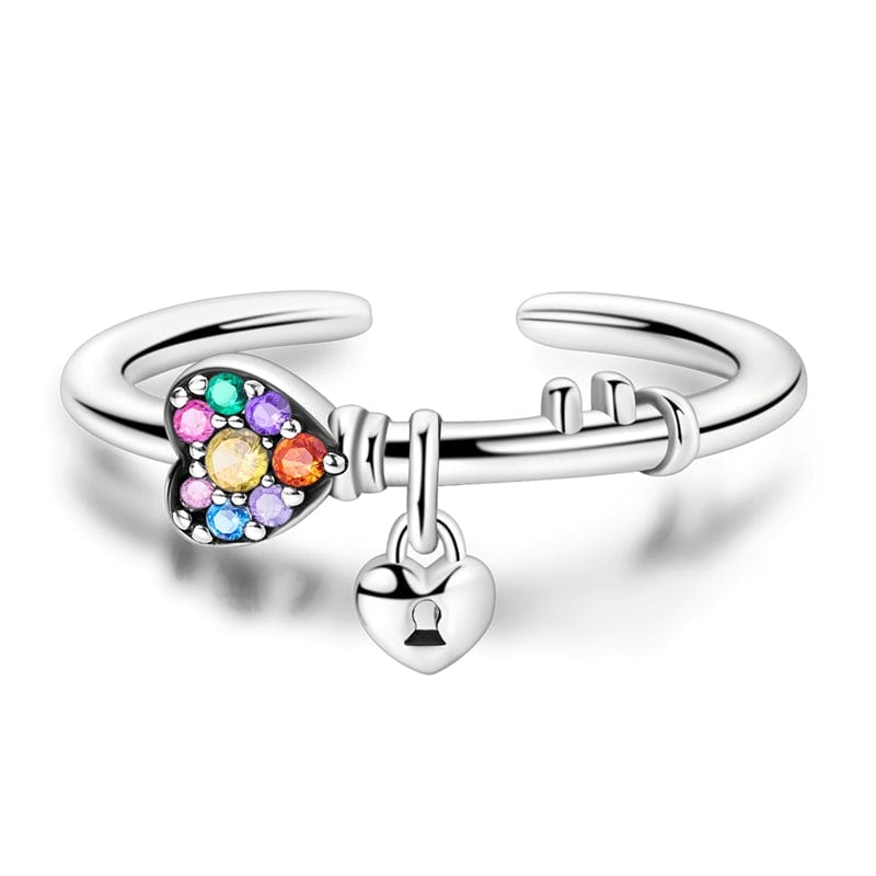 Rainbow Heart & Lock Sterling Silver Adjustable Ring