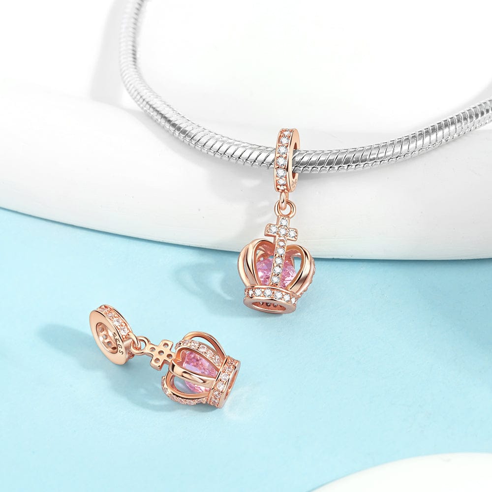 Rose Gold Crown Charm with Pink Crystal & CZ Accents